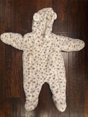 Plush Hooded Baby One-Piece in Cream with Brown Spots